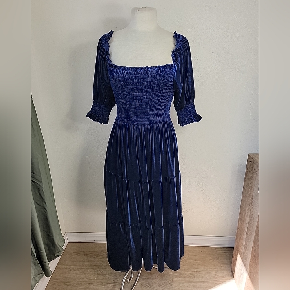 R Vivimos Blue Velvet Smocked Tiered Dress Medium - Picture 2 of 13
